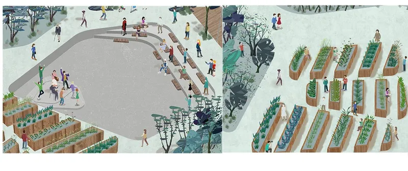 Aerial rendering of stepped seating amphitheater and raised garden beds with pedestrians throughout