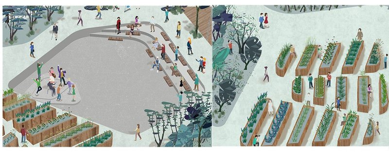 Aerial rendering of stepped seating amphitheater and raised garden beds with pedestrians throughout