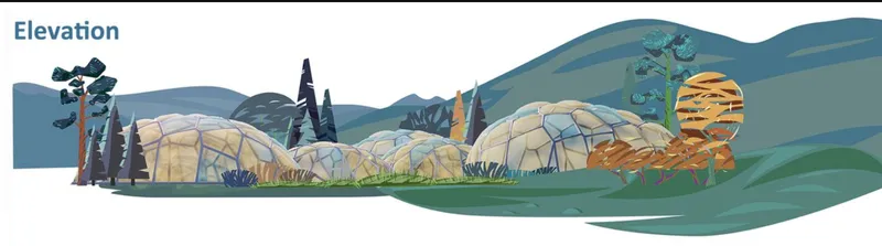 Elevation drawing depicting clustered dome structures nestled among rolling hills and trees