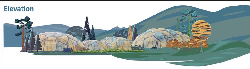 Elevation drawing depicting clustered dome structures nestled among rolling hills and trees