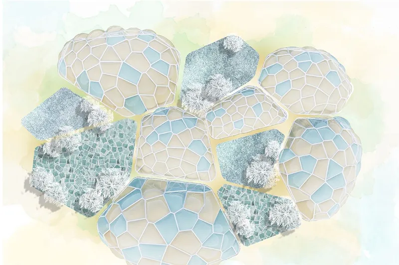 Axonometric drawing of eight petal-shaped pavilions arranged around a central core with winter trees