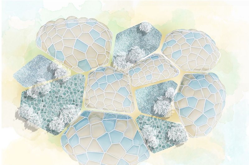 Axonometric drawing of eight petal-shaped pavilions arranged around a central core with winter trees