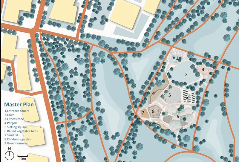 Master plan drawing showing numbered park zones with pathways and dense tree coverage