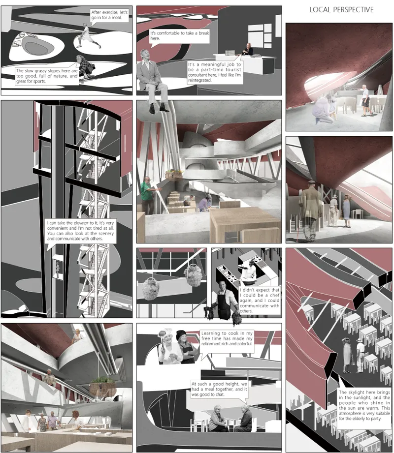 Presentation board showing perspective vignettes and sections of a multi-level interior with a curving red roof