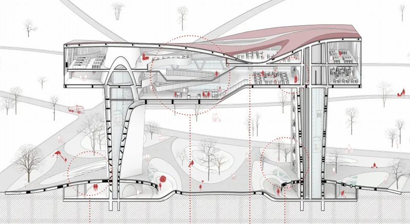 Section drawing showing the interior circulation and structural supports beneath the arched red roof canopy
