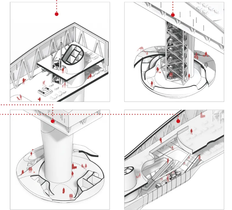 Axonometric vignettes illustrating movement through cylindrical and curved interior spaces with figures in red