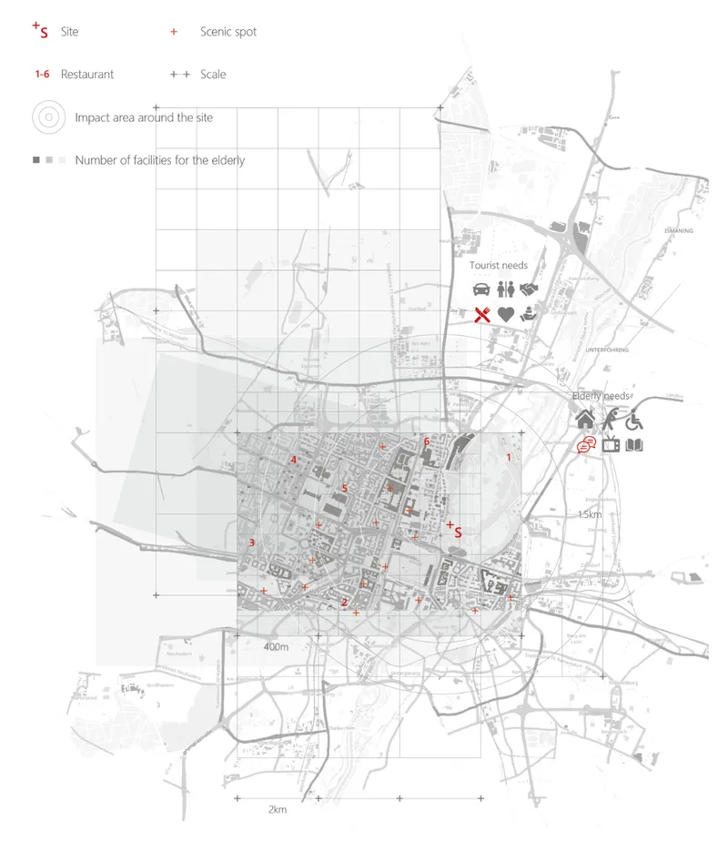 Site plan drawing marking tourist amenities and facilities for the elderly across an urban district