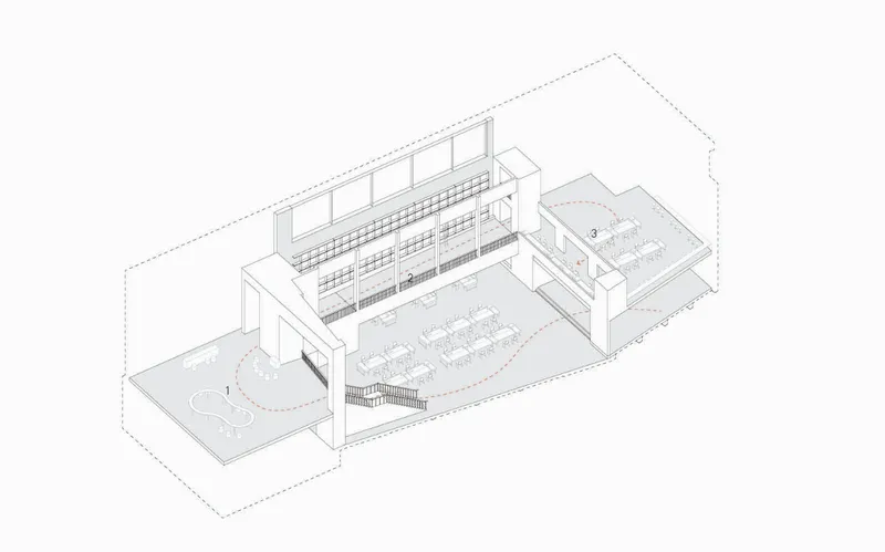 Axonometric drawing showing the interior spatial arrangement with central library shelving and surrounding terraces