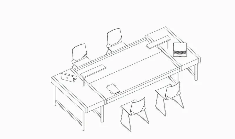 Isometric drawing of a shared work table with four chairs and laptops in a line