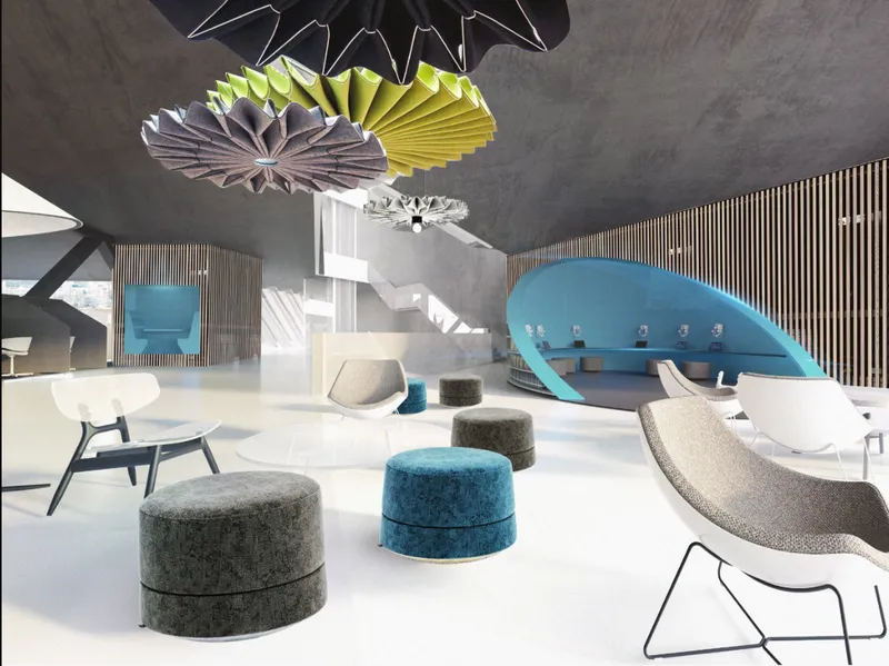 Interior lounge with white flooring, cylindrical ottomans, turquoise seating niche, and folded paper ceiling fixtures