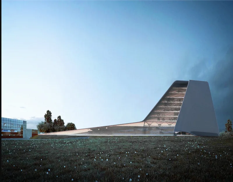 Angled tower with horizontal metal louvers rising above a sloped base at dusk