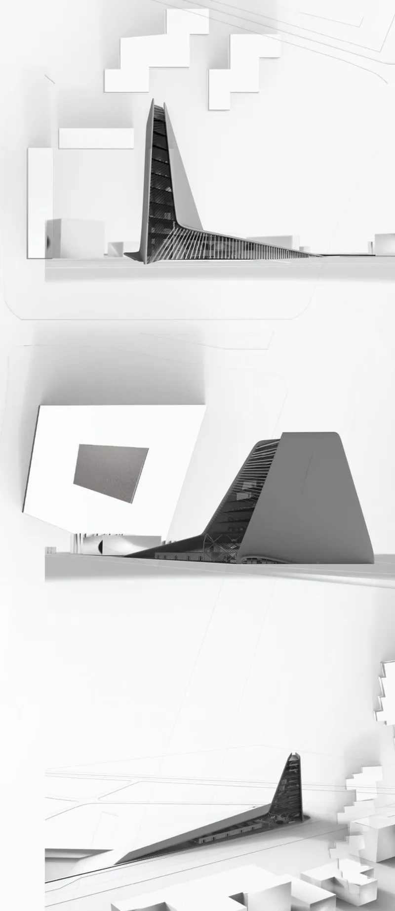 Physical model views of angular tower with louvered facade from multiple perspectives