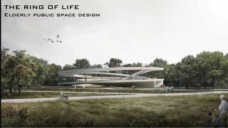 Rendering of the layered concrete structure set in a park with trees and visitors beneath an overcast sky
