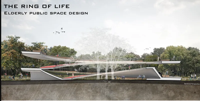 Sectional perspective drawing showing the spiraling ramped levels wrapping around a central fountain and planted core