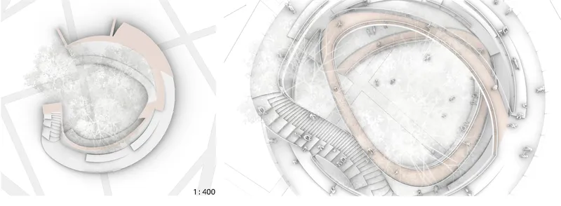 Plan drawings at two levels depicting the circular ramped pathways surrounding a central plaza with planting