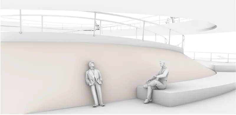 Interior view of the curved ramp with pale pink seating ledge and two figures beside metal railings