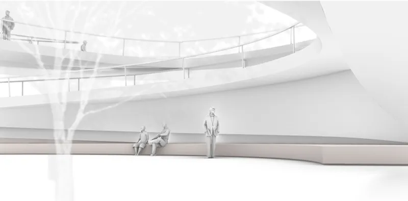 Interior rendering showing the spiraling upper levels with transparent tree silhouette rising through the central void