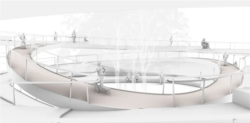 View of the looping ramps wrapping around the central space with figures seated and walking under diffused light
