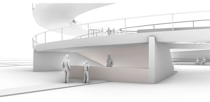Rendering of curving ramps and platforms with metal railings and figures gathered below