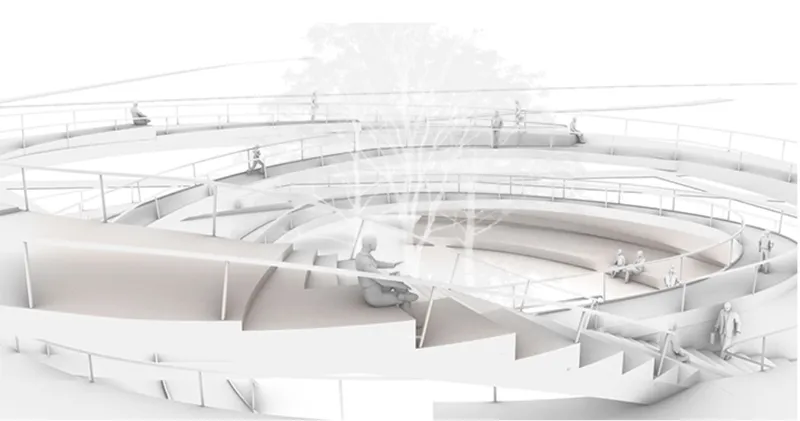 Aerial rendering of radial walkways converging around a central courtyard with trees and seated figures