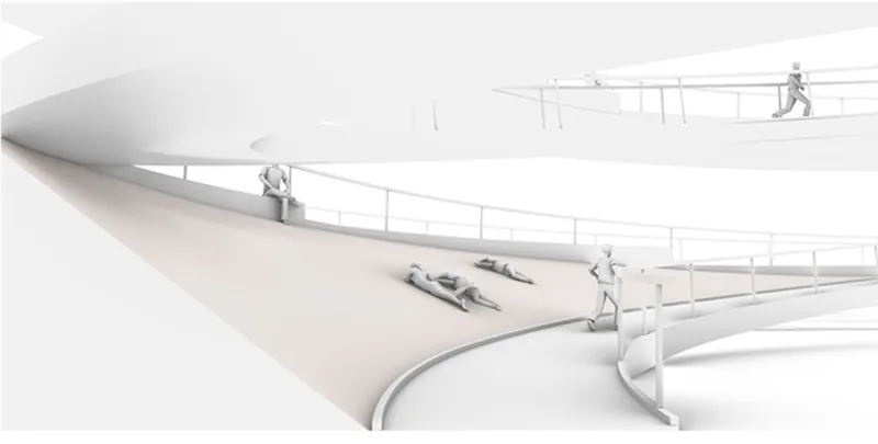 Rendering of sweeping curved ramps with white railings and figures walking and resting on the paths