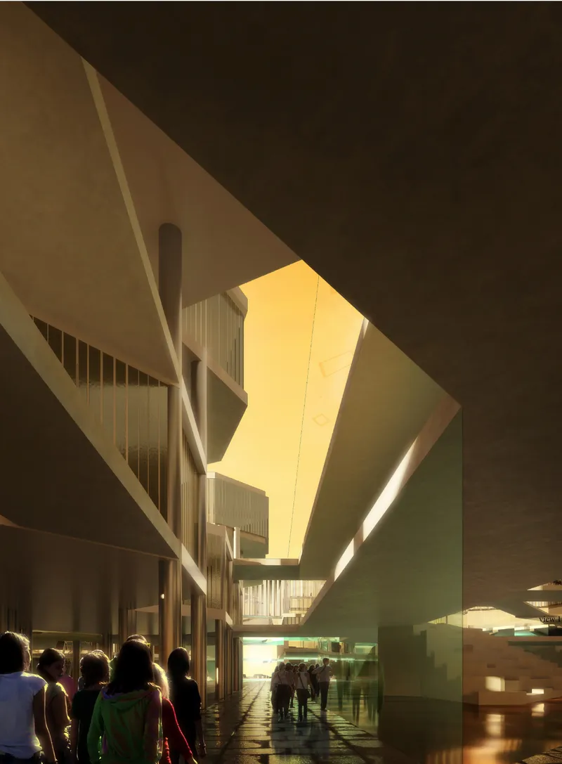 Interior courtyard with angular concrete walls and warm evening light filtering from above