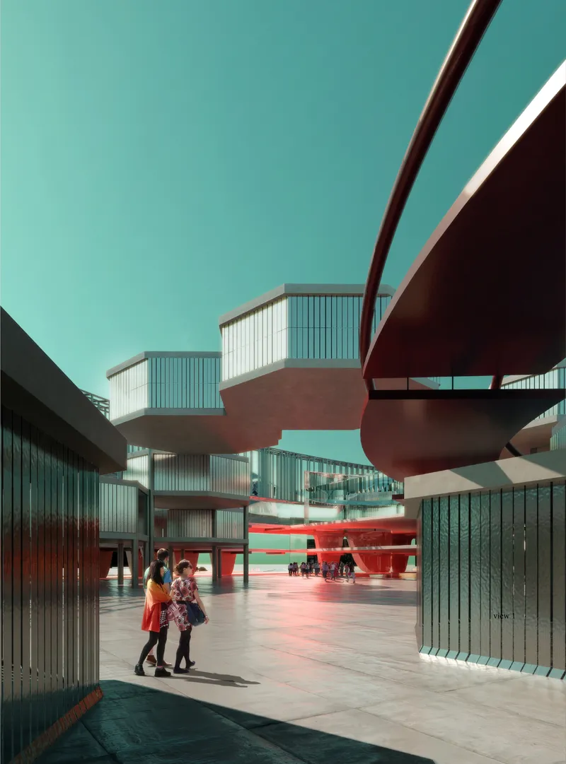 Plaza view with curved corrugated volumes and overhead terracotta cantilevers under clear blue sky