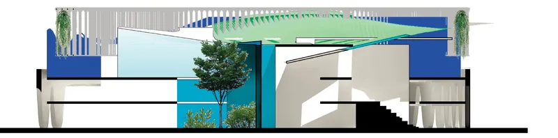 Section drawing revealing stacked interior volumes with central tree courtyard and roof terraces