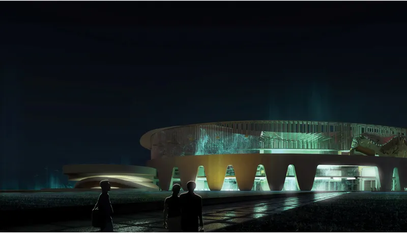 Nighttime exterior showing illuminated circular building with arched base and silhouetted figures