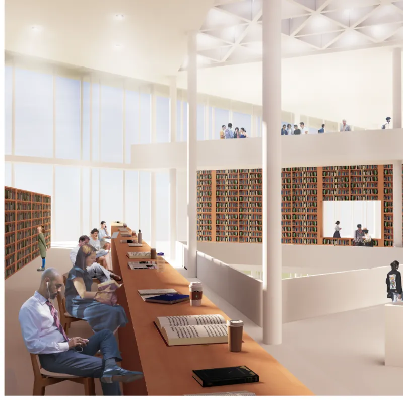 Interior library reading room with tiered seating, bookshelves, and faceted coffered ceiling in soft daylight
