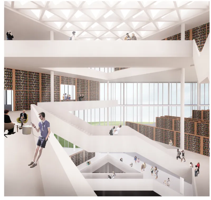 Multi-level atrium with cantilevered floor plates, vertical bookshelves, and geometric coffered ceiling above
