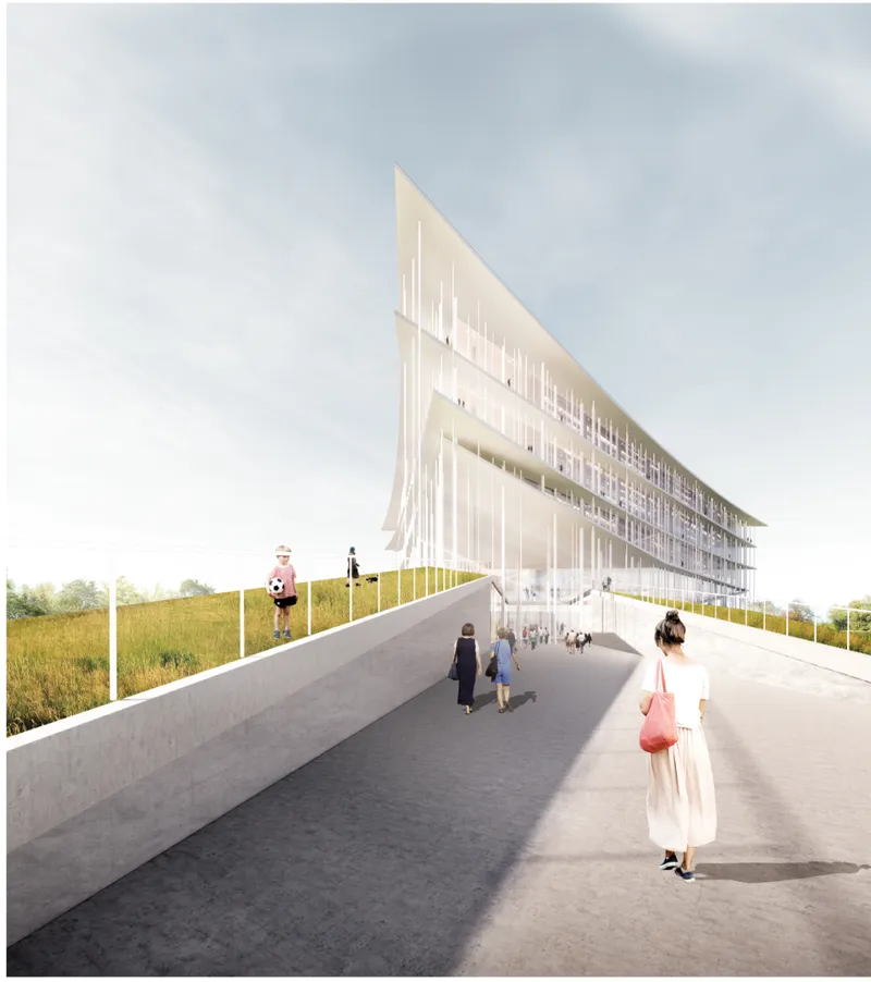 Rendering of the cantilevered glass facade above a ramped concrete plaza with pedestrians in afternoon light