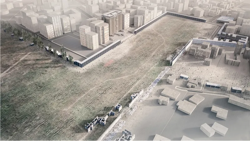 Aerial rendering of a terraced public plaza carved into the landscape between existing buildings