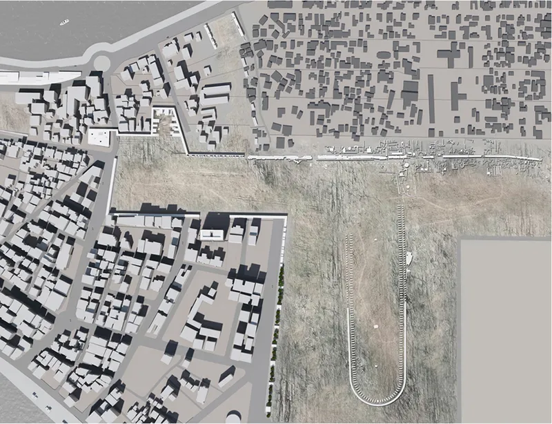 Site plan drawing showing a horseshoe-shaped intervention connecting an existing neighborhood to open ground