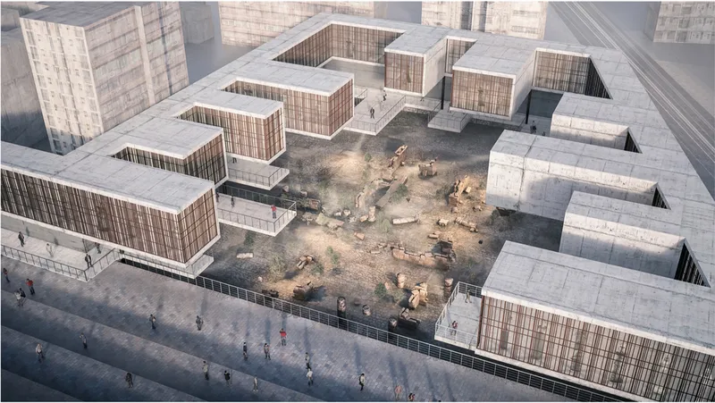 Aerial view of clustered pavilions with timber screens surrounding an exposed archaeological site in daylight