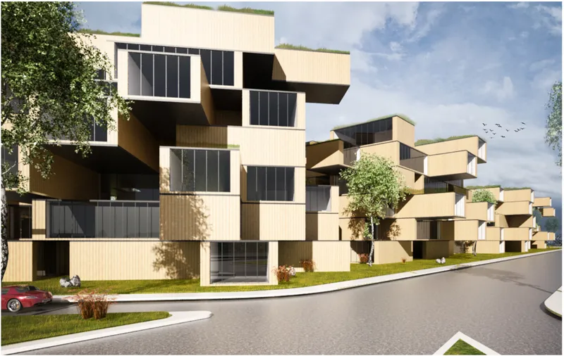 Street view of stacked residential units with protruding balconies and vertical wood paneling under a cloudy sky