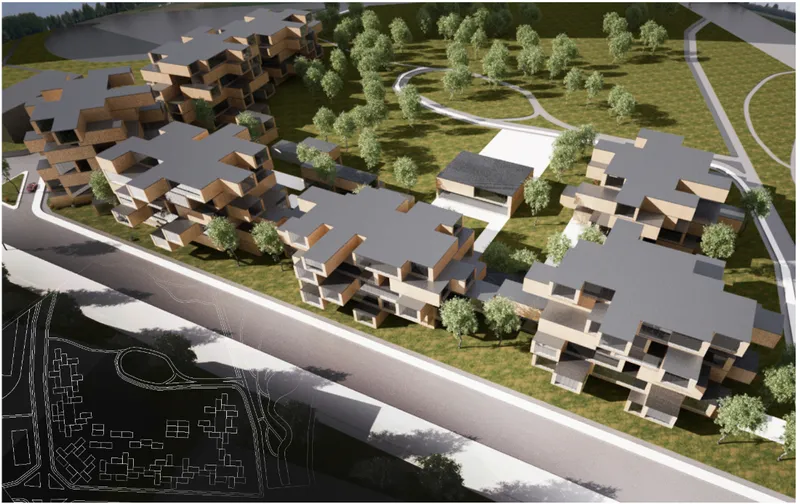 Aerial rendering showing clustered housing blocks with green roofs and site plan drawing overlaid at lower left