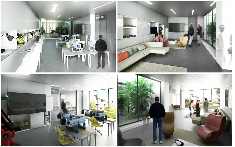 Interior renderings showing white workspaces with grey flooring and figures browsing displays under linear ceiling lights