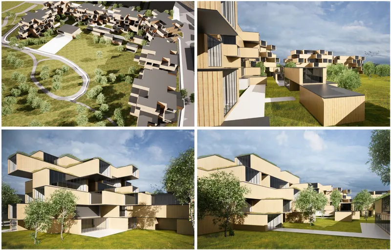 Aerial and street-level renderings of stacked modular housing units with vertical wood cladding in a grassy landscape