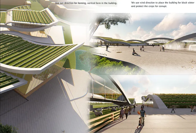 Rendering collage showing planted roof terraces, central plaza with visitors, and covered walkway beneath curved canopies
