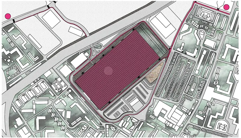 Site plan drawing depicting a large central building with maroon roof surrounded by urban fabric and infrastructure