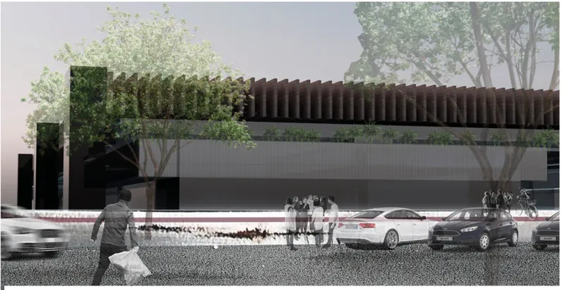 Street-level rendering showing ribbed facade screening, planted trees, and pedestrians crossing near parked vehicles