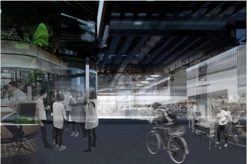 Interior rendering of market hall with exposed steel trusses, translucent wall panels, and crowds of visitors