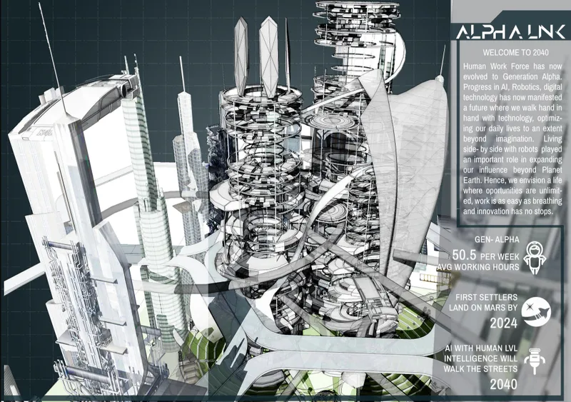 Rendered model of a central tower with exposed spiral circulation and surrounding high-rise clusters