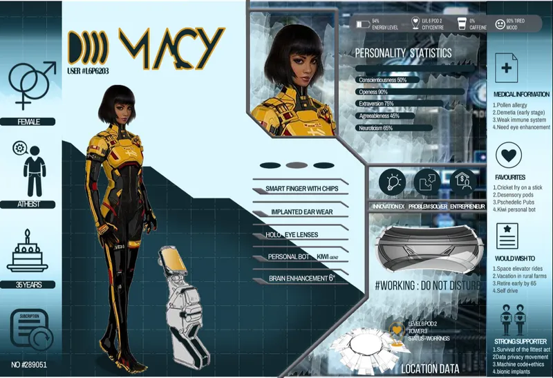 Character design panel showing figure with augmented interface overlays and prosthetic components
