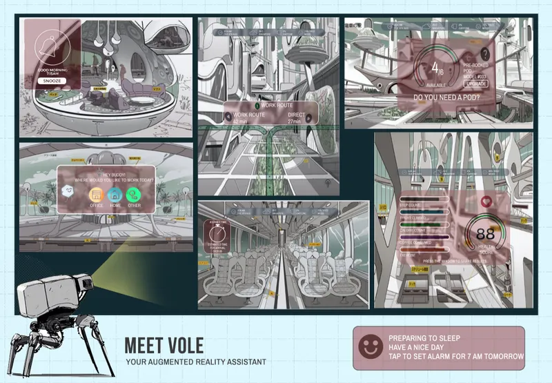 Storyboard sequence depicting interior transit spaces with curved glass pods and interface screens