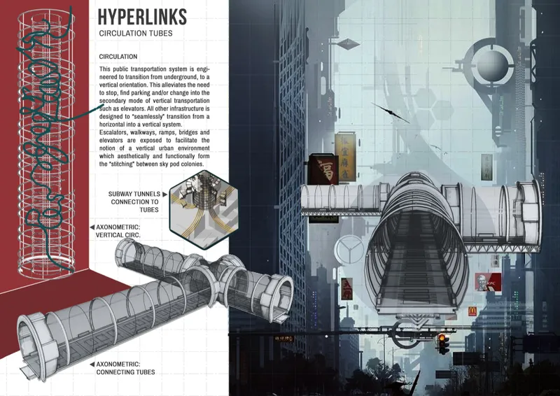 Axonometric diagram of vertical circulation tubes connecting to horizontal transit tunnels in a tower
