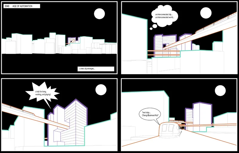 Series of elevation drawings showing white volumes against a black sky with speech bubbles and moon
