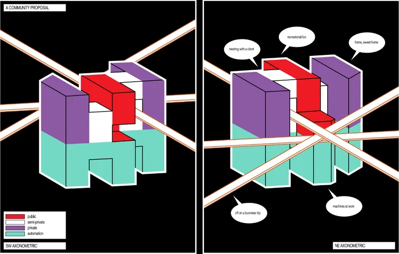 Axonometric drawing of red and purple volumes arranged around a central courtyard with annotated program labels