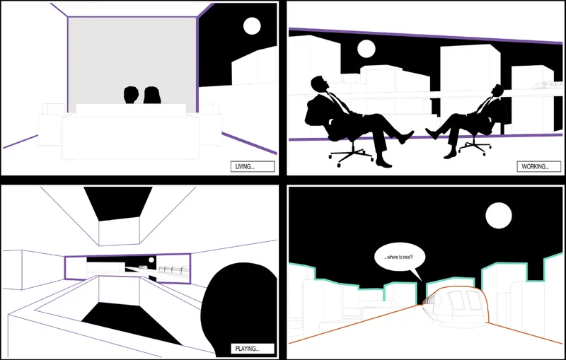 Four perspective sketches depicting living, working, playing, and circulation spaces with silhouetted figures under night sky